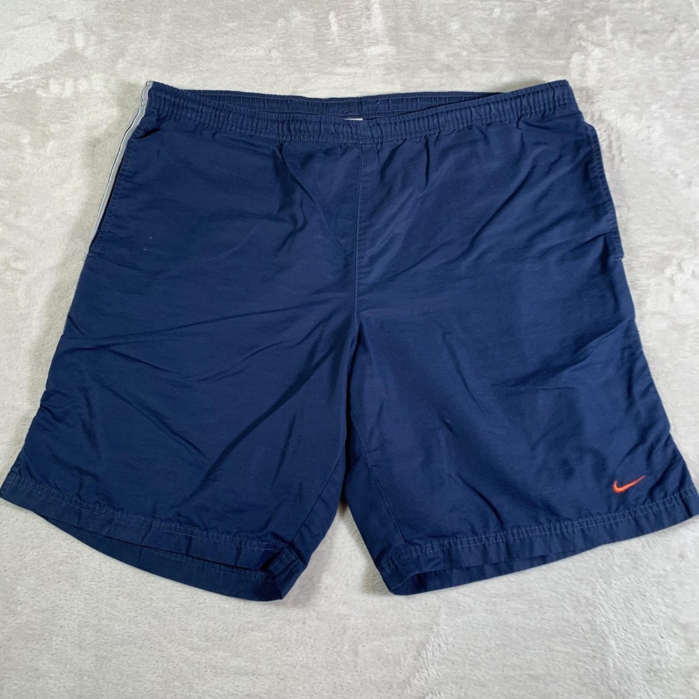 Vintage Nike Shorts Mens Large Navy Blue Athletic Drawstring Swoosh Side Stripe